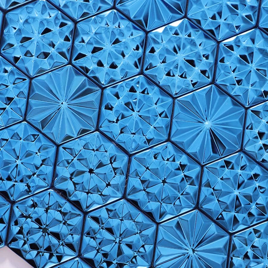 Surface detail of blue 3D hexagon stainless steel tile