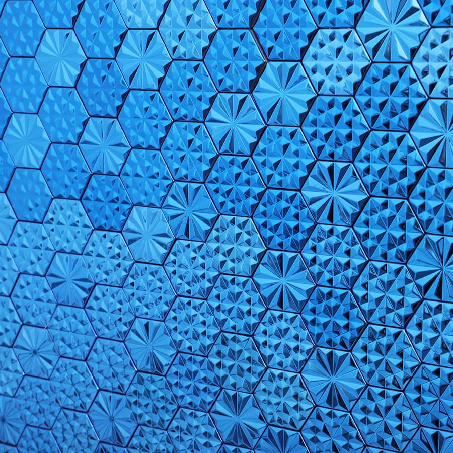 Blue 3D hexagon stainless steel tile wall pattern installation