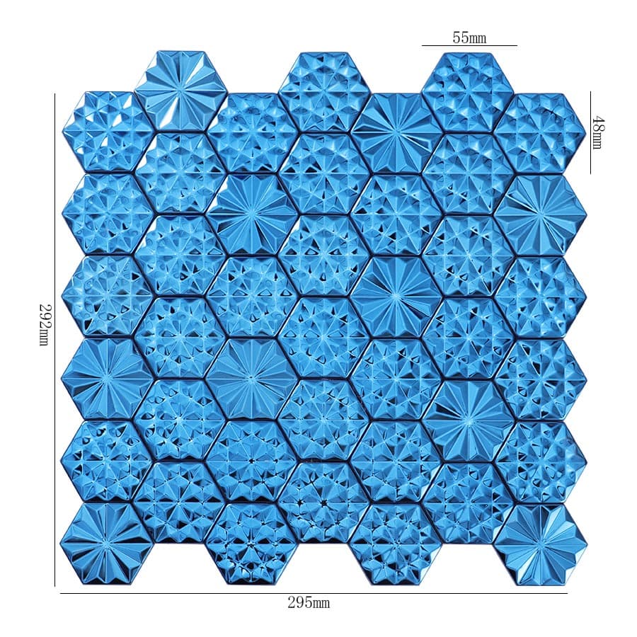 Blue 3D hexagon stainless steel tile 295x292mm with 55x48mm segments