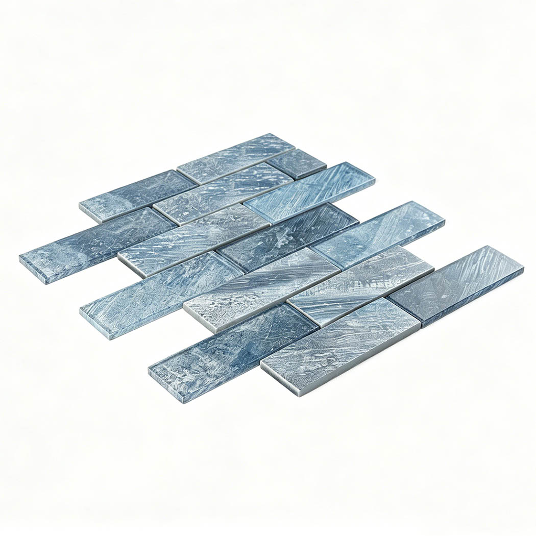 Loose smooth blue glass subway tile sample with abstract brush print pattern
