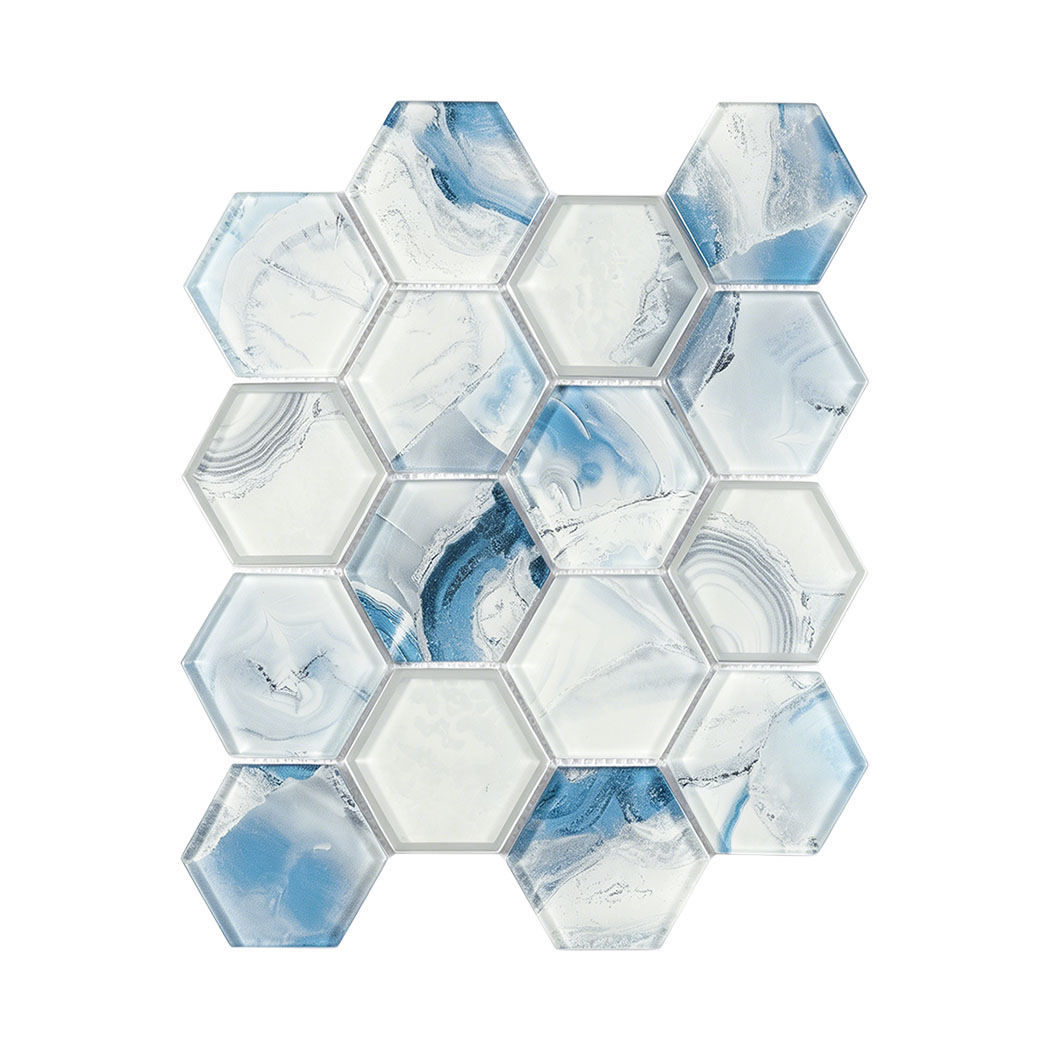 Blue and white agate look hexagon glass mosaic with beveled glass edges