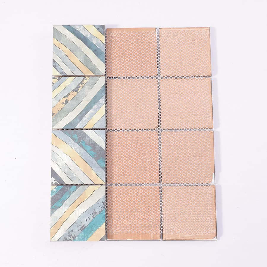 Backside view of blue aluminum patterned mosaic tile sheet