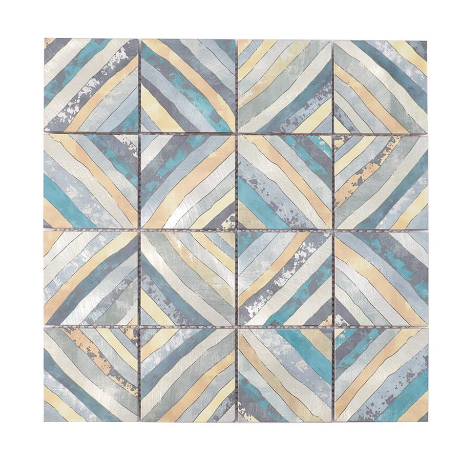 Full sheet of blue aluminum patterned mosaic tiles front view