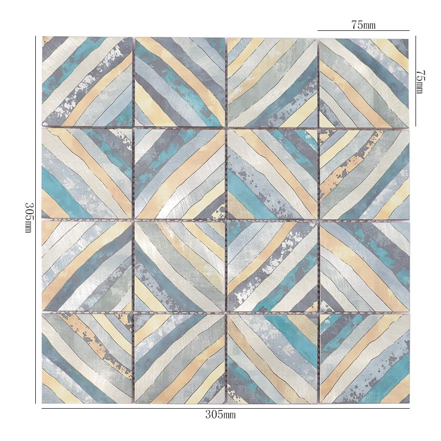 Blue aluminum patterned metal mosaic tile sheet with size measurements