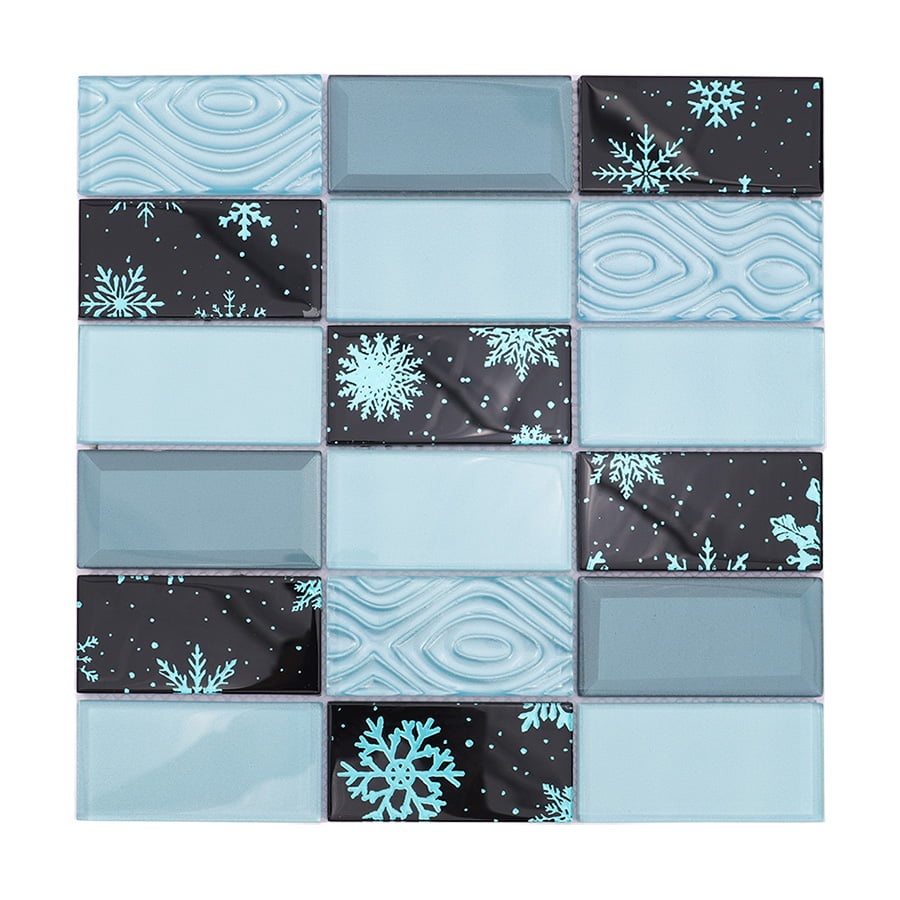 Full sheet of blue and black crystal glass tile featuring snowflake and wave patterns.