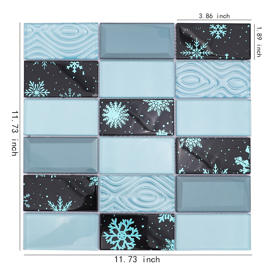 Blue and black crystal glass wall tile with snowflake design and size measurements.