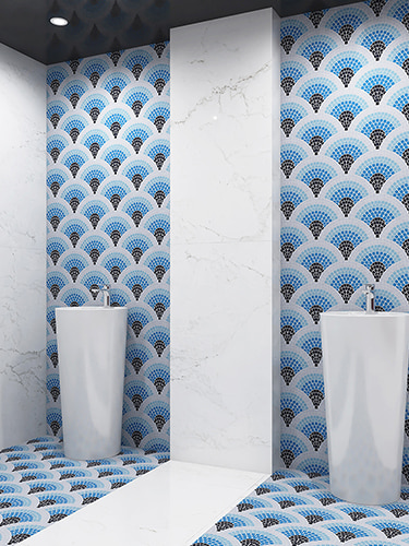 Fan-shaped blue and black mosaic tile for bathroom wall and floor