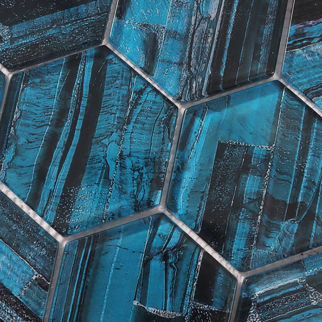 Macro view of blue black hexagon glass tiles with layered striated texture