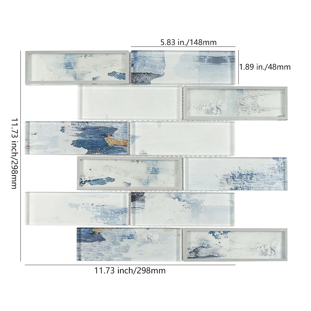 Measured white glass subway tile sheet with blue brush print and silver border accents