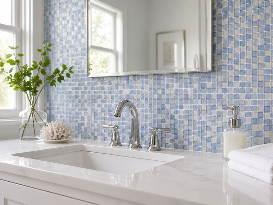 Blue clear glass mosaic tile bathroom vanity wall with chrome faucet