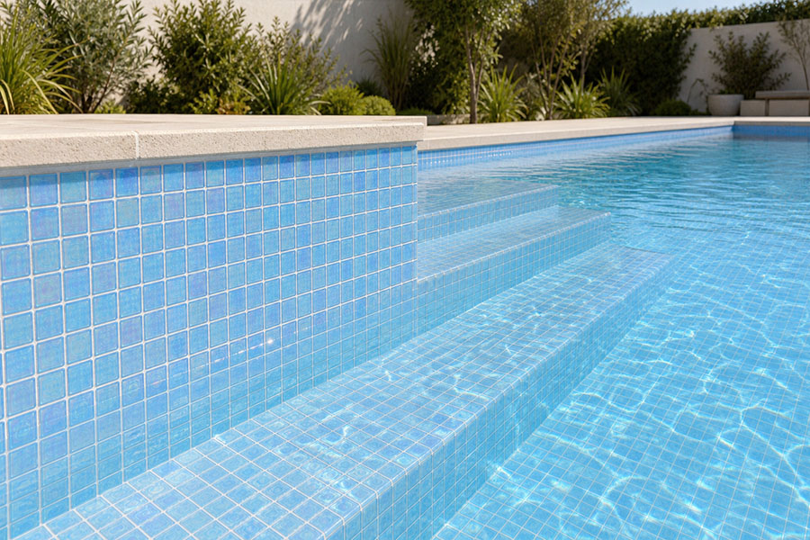 Wide view of blue 1x1 glass mosaic pool tiles covering steps and pool walls