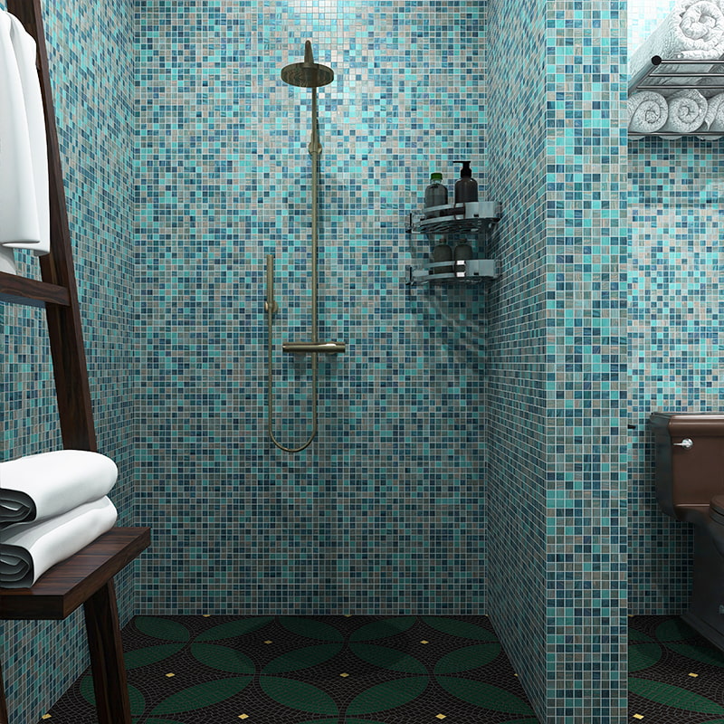 Blue glass mosaic tiles used on shower wall