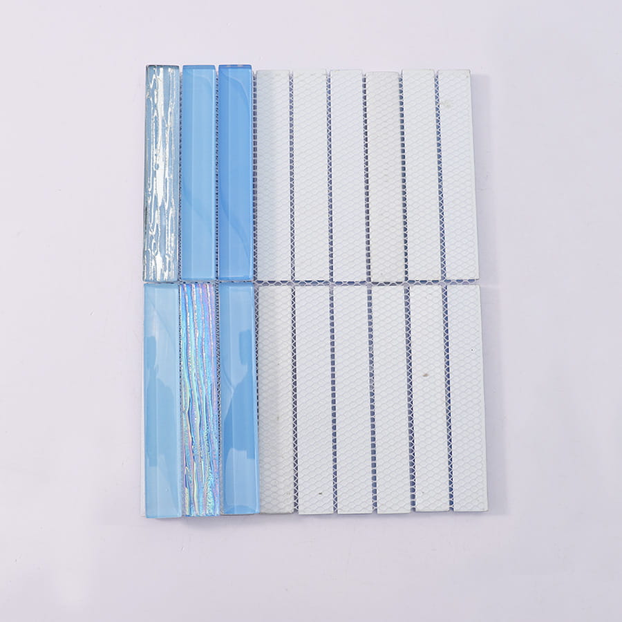 Back view of blue glass mosaic tile sheet with mesh backing