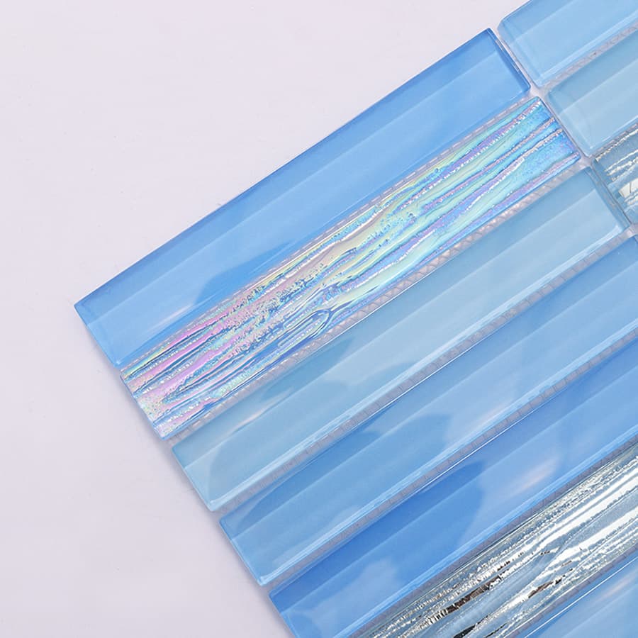 Close up of corner showing blue and silver glass mosaic tile