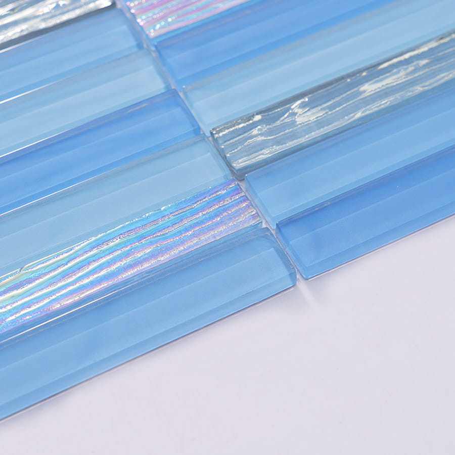 Side angle view of blue and silver glass mosaic wall tile
