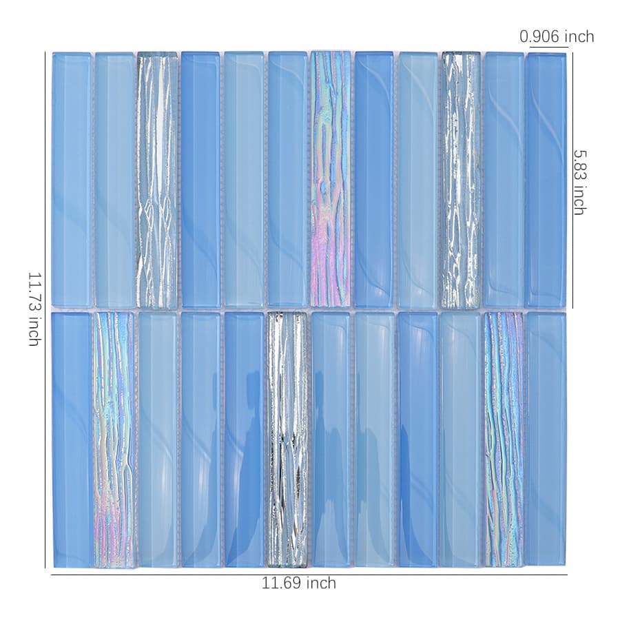 Blue and silver glass mosaic wall tile with measurement dimensions