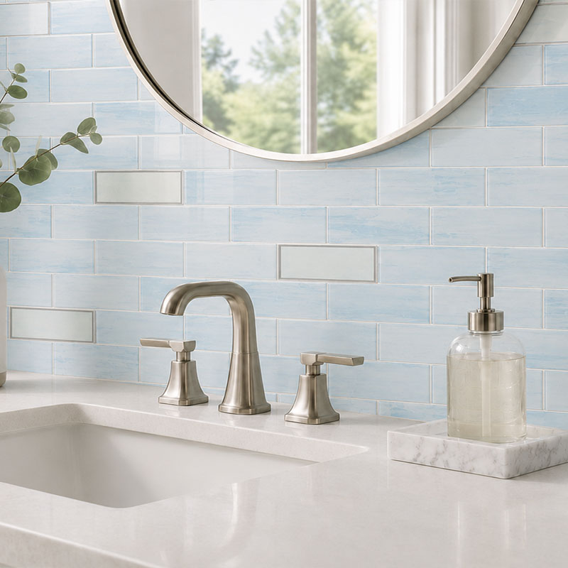 Glossy blue glass subway tile wall with silver accent tiles and vanity mirror