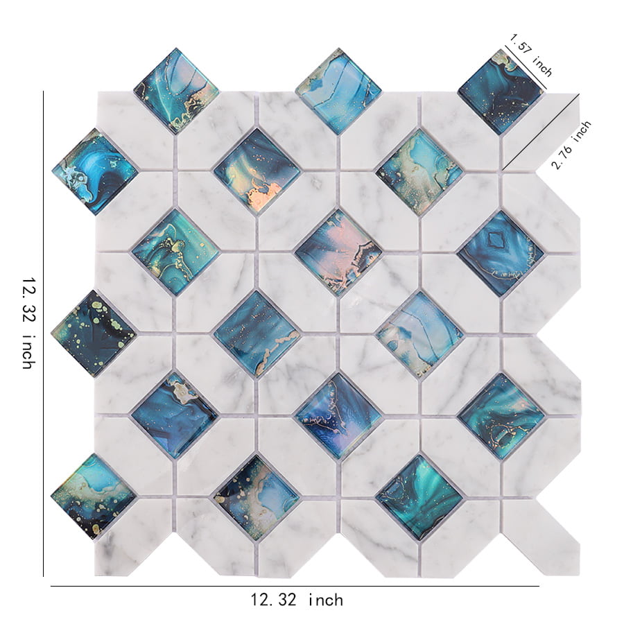 Blue glass and white marble mosaic tile sheet with size measurements in inches.