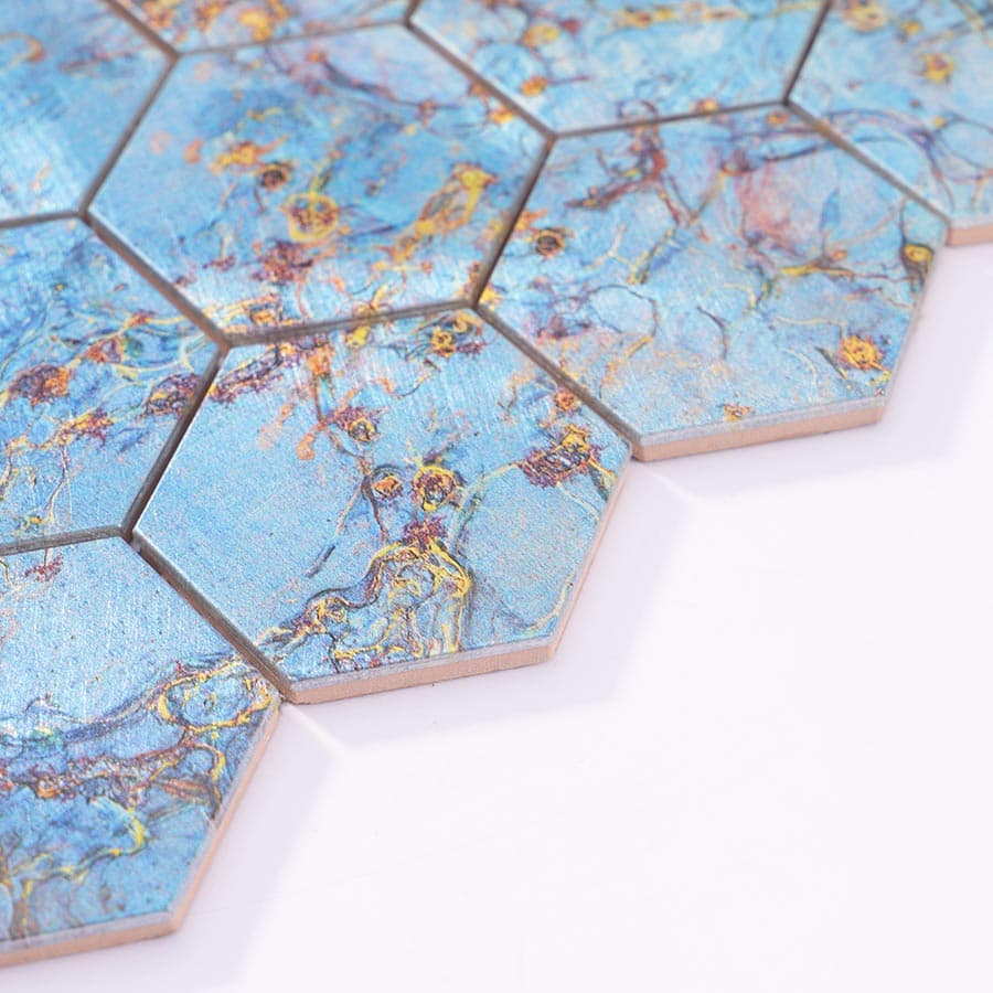 Corner detail of blue gold abstract hexagon aluminum mosaic tile