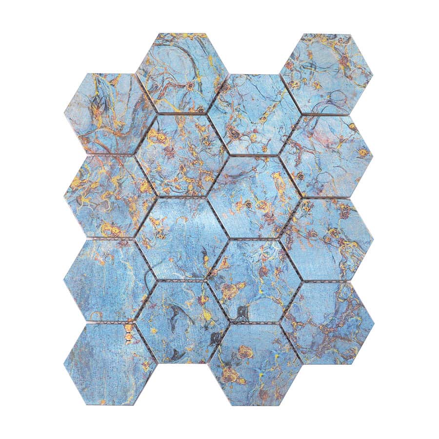 Front view of blue gold abstract hexagon aluminum mosaic tile
