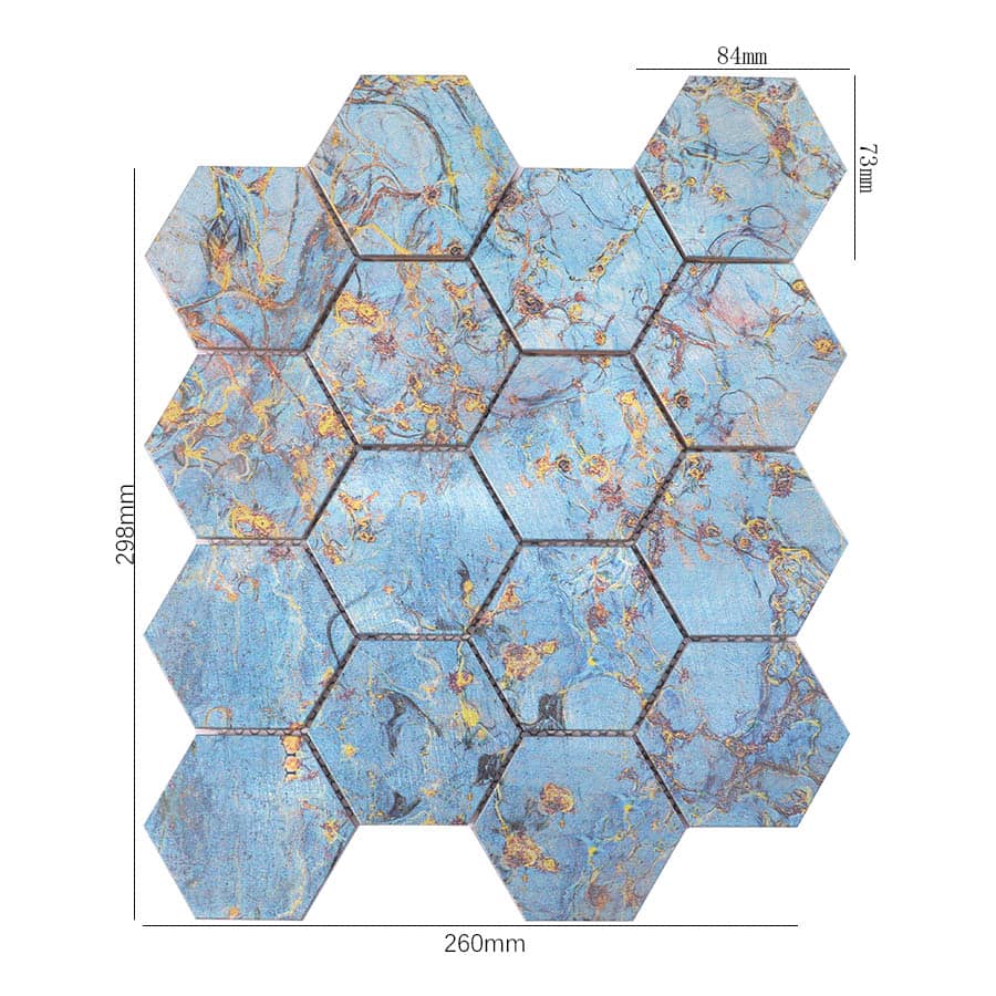Blue gold abstract hexagon aluminum mosaic tile with size measurement