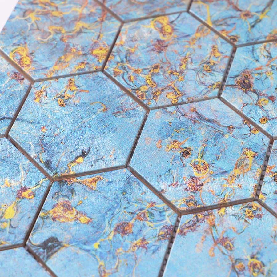 Surface detail of blue gold abstract hexagon aluminum mosaic tile pattern