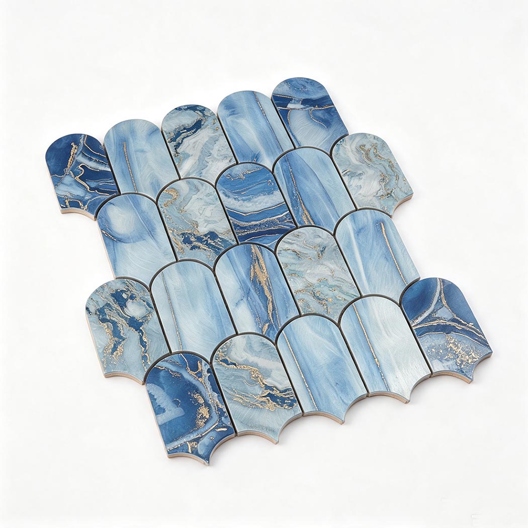 Angled view of blue gold fish scale porcelain mosaic sheet