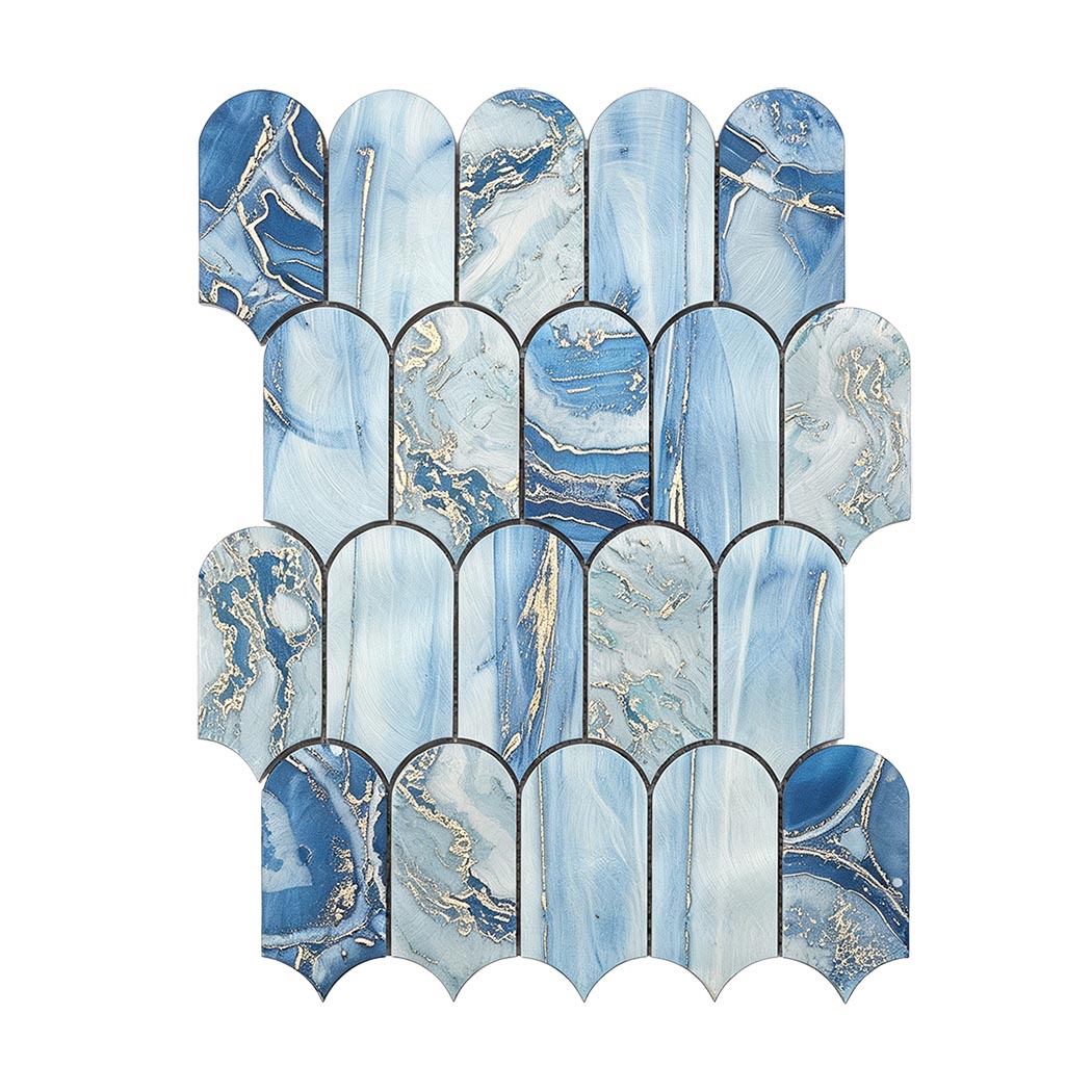 Full view of blue gold fish scale porcelain mosaic wall tile sheet