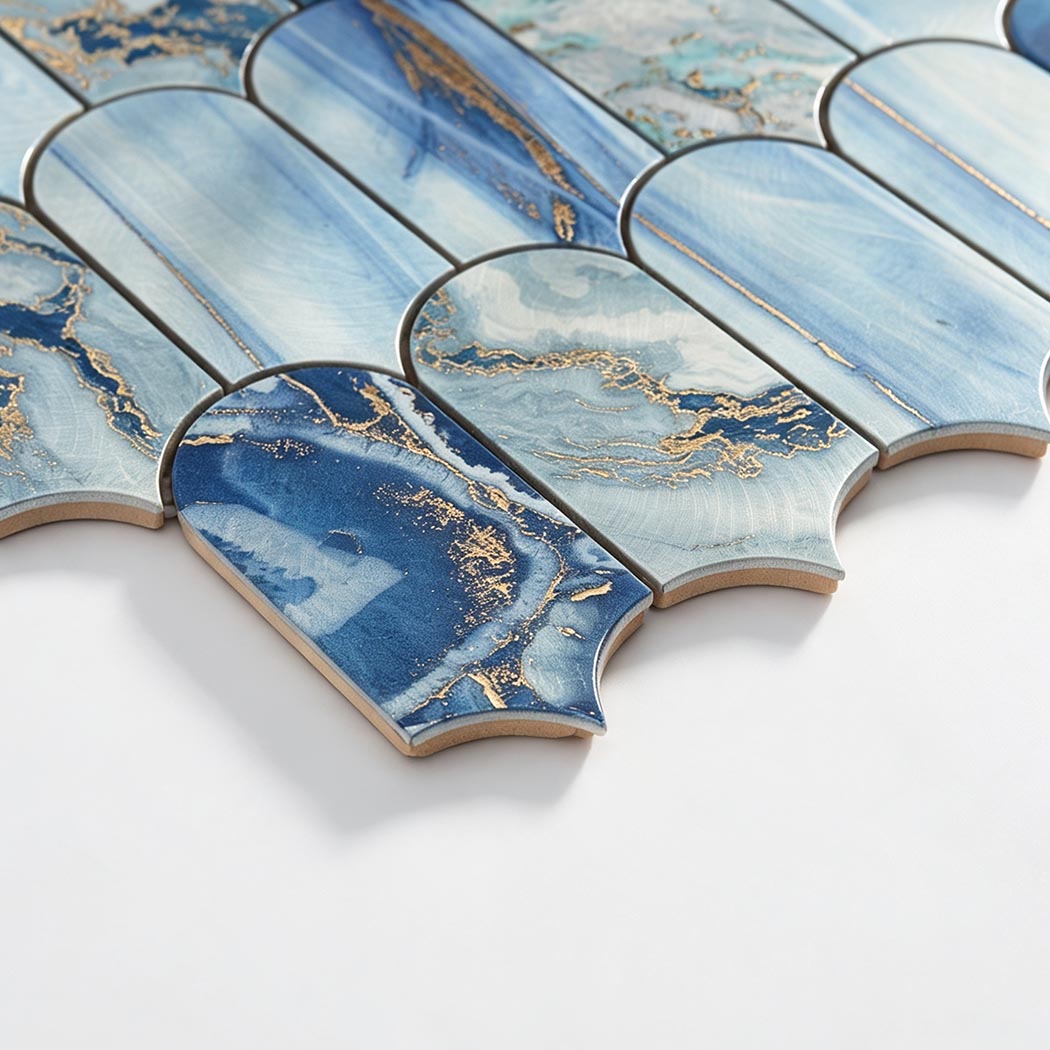 Side view showing ceramic body of blue gold fish scale tile