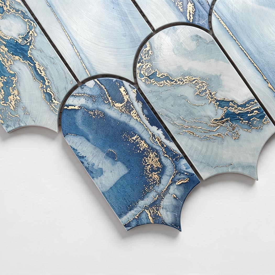 Macro closeup of blue gold fish scale porcelain tile corner curve