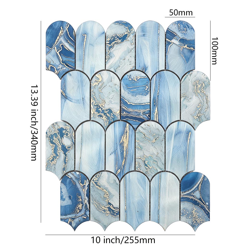 Dimension chart for blue gold fish scale porcelain mosaic tile sheet