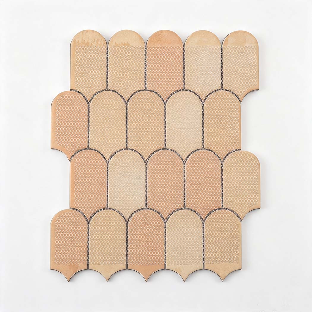Back view showing fiberglass mesh on blue gold fish scale tile