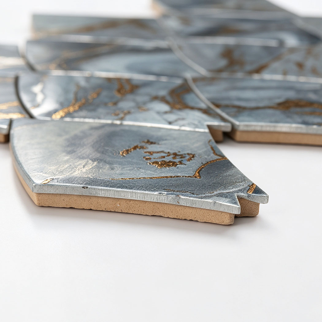 Side view showing edge profile of blue gold leaf aluminum mosaic tile