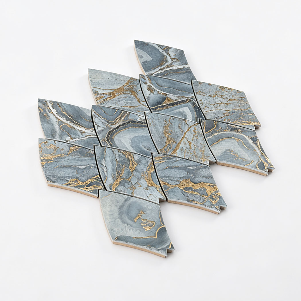 Perspective view of blue and gold leaf shape aluminum mosaic tile