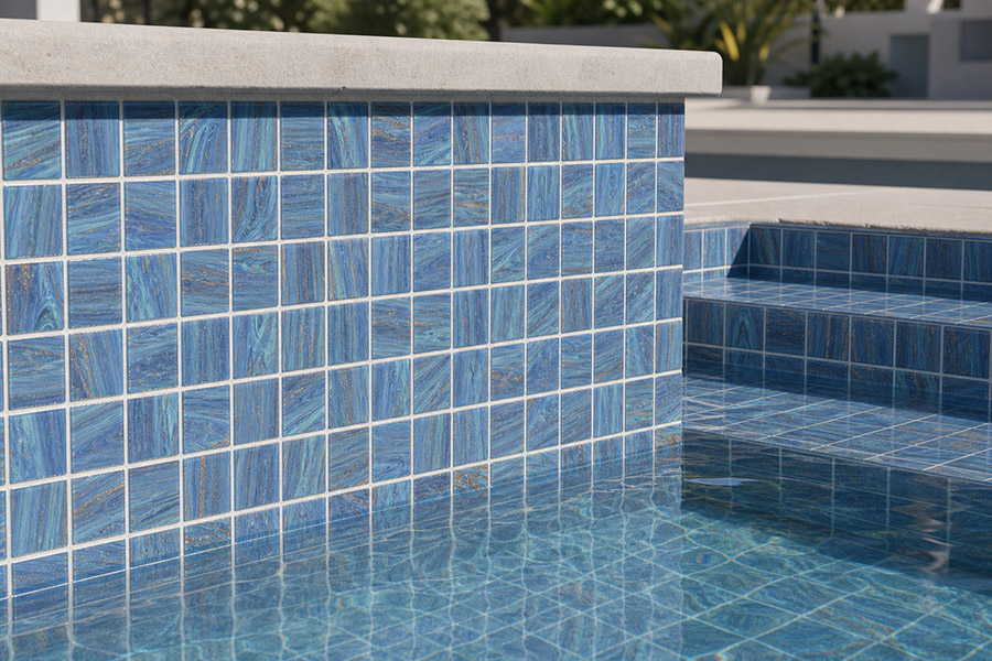 Blue gold sand 2x2 glass pool tiles on spa wall and steps with water reflections