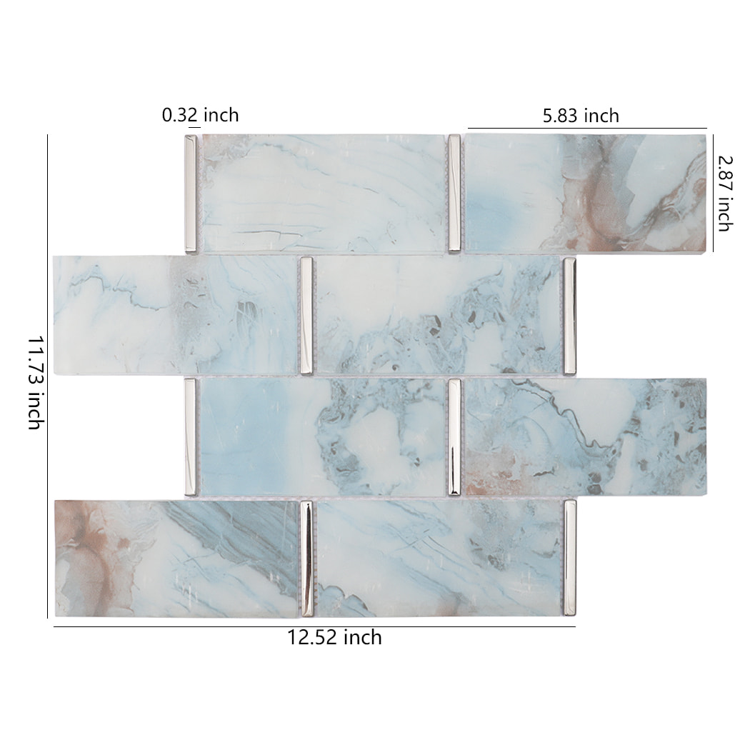 Blue gray glass mosaic subway tile sheet with electroplated glass accent strips
