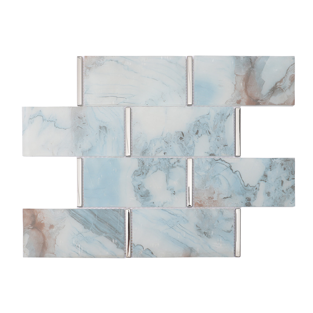 Blue gray glass mosaic subway tile sheet with silver electroplated glass accents