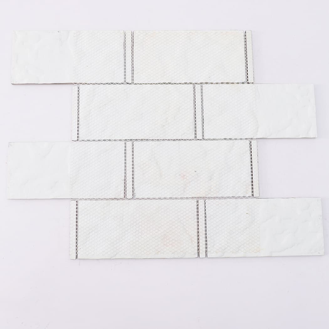 Mesh backing of blue gray glass subway mosaic tile sheet with electroplated glass strips