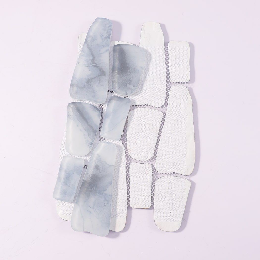 Mesh backing of blue gray irregular pebble glass mosaic tile sheet