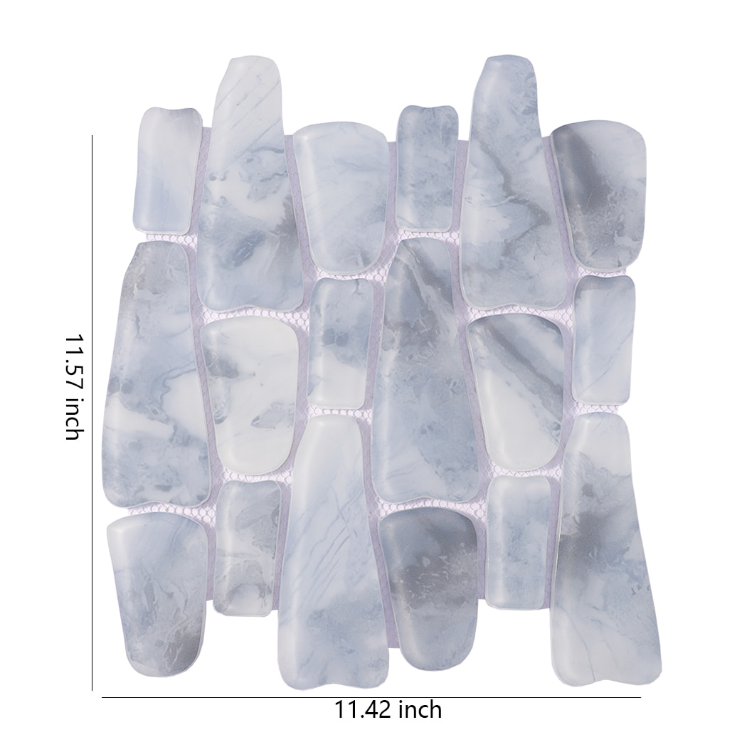 Blue gray irregular pebble glass mosaic tile sheet with 11.42 x 11.57 inch dimensions