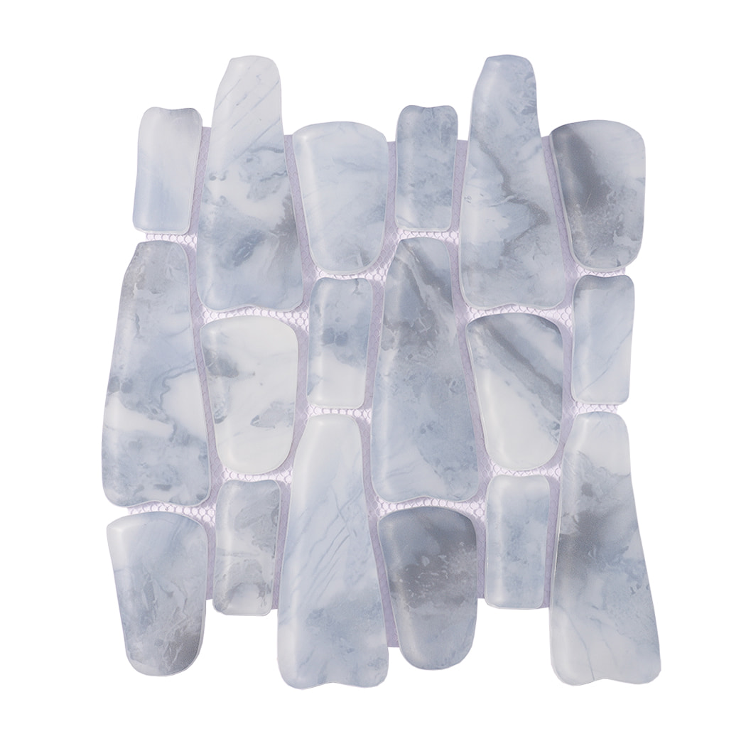 Blue gray irregular pebble glass mosaic tile sheet on white background