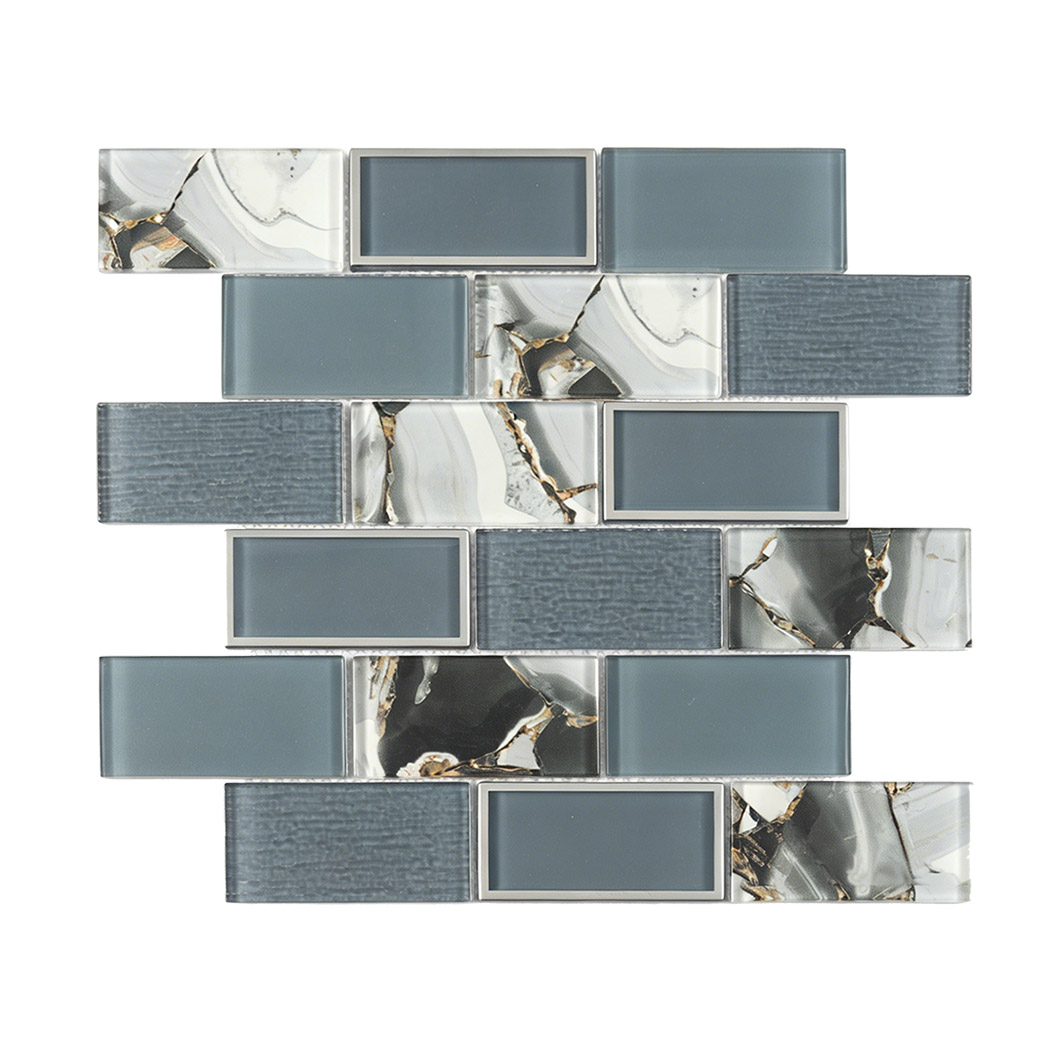Blue gray mixed glass subway mosaic tile sheet with textured and marble look chips