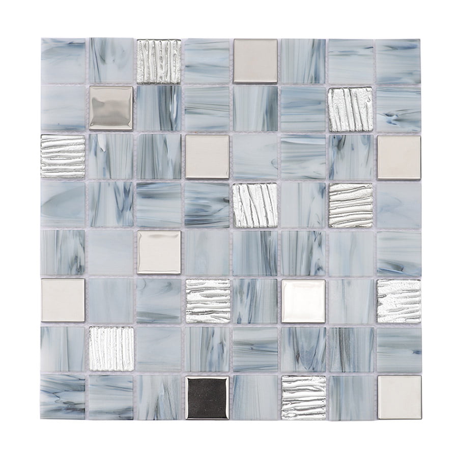 Full view of blue gray mosaic tile sheet with silver textured finish
