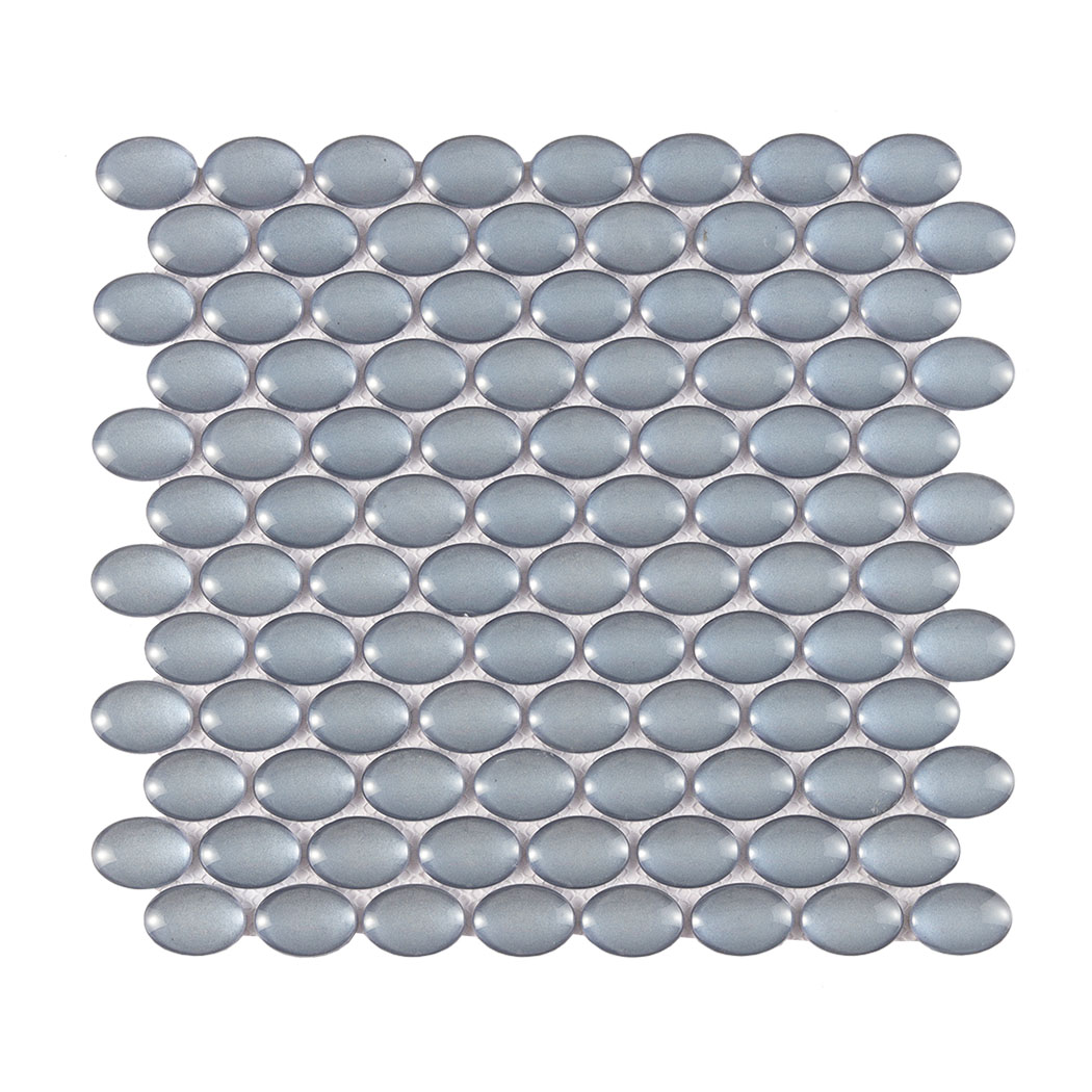 Front view of blue gray oval glass mosaic tile sheet on white mesh backing