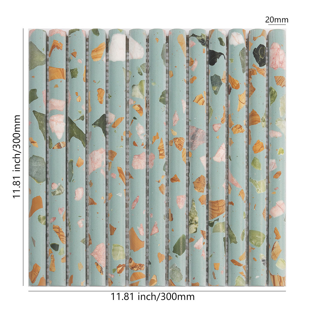 Blue green terrazzo rounded fluted mosaic tile sheet with 20mm strips and 300mm size