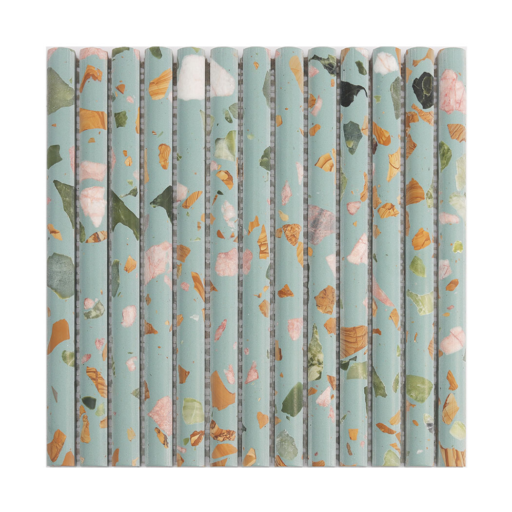 Full sheet of blue green terrazzo rounded strip mosaic tile with mixed stone chips