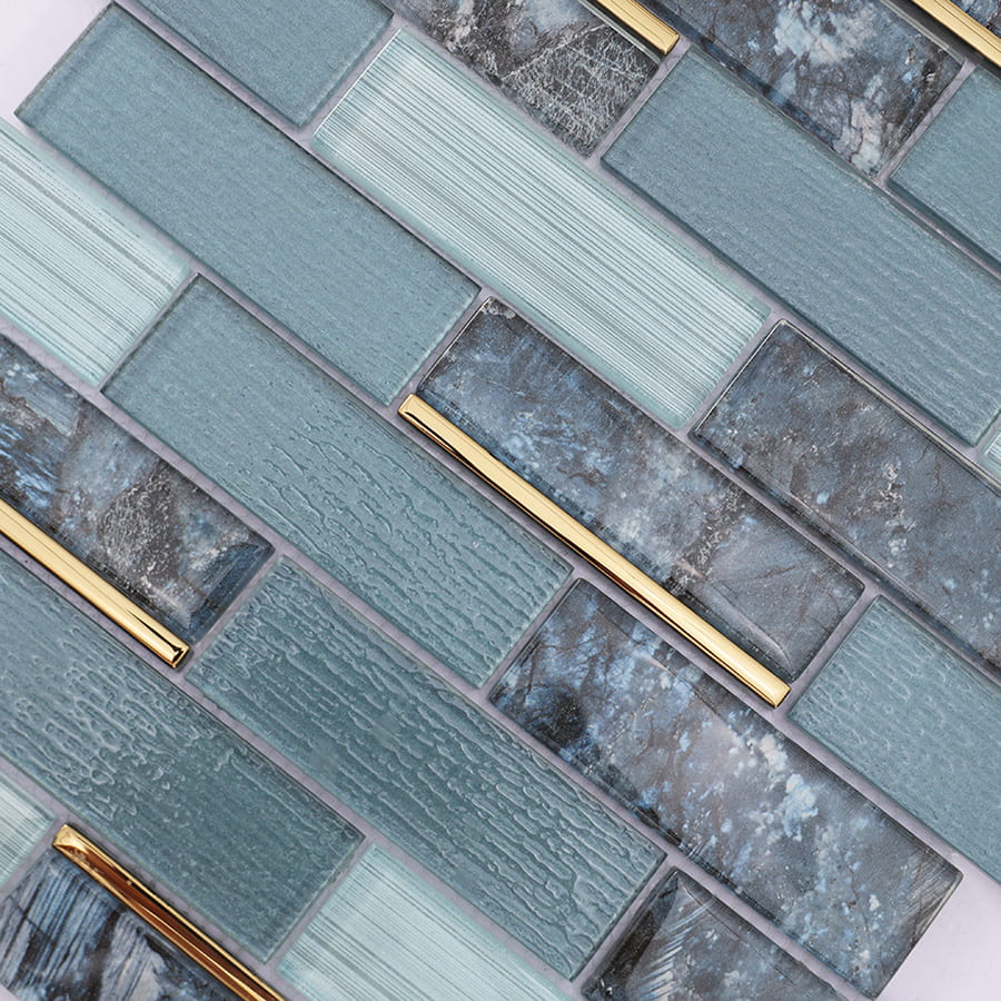 Surface detail of blue grey gold line subway glass mosaic tile with matte and gloss mix