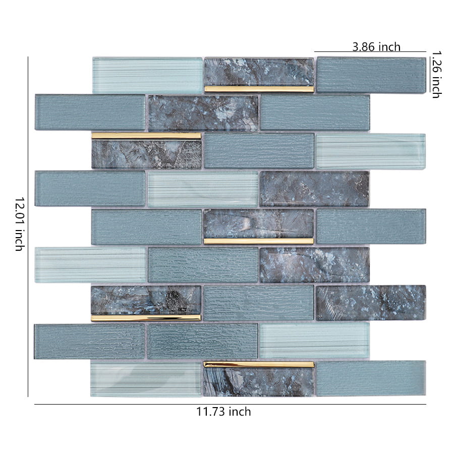 Blue grey gold line rectangle subway glass mosaic tile with size measurements