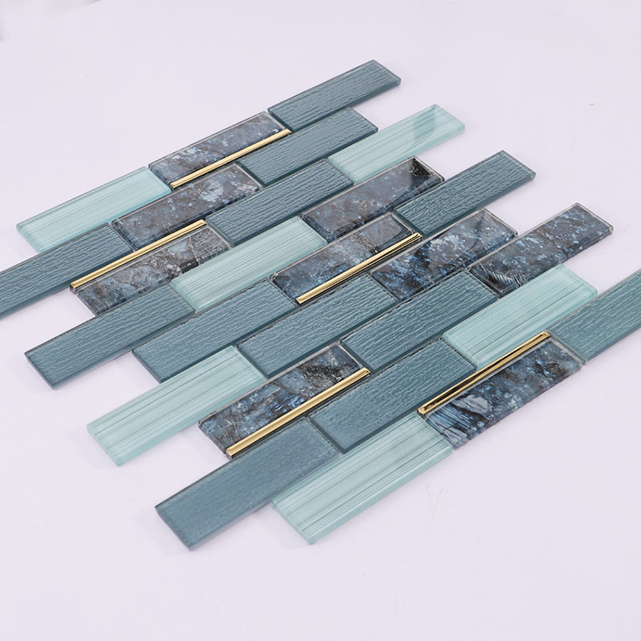 Angled layout of blue grey gold line rectangle subway glass mosaic tile sheet