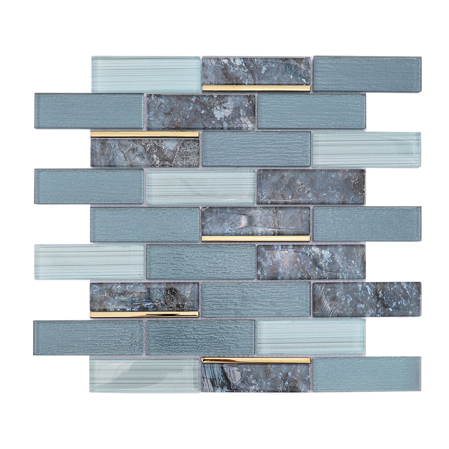 Front view of blue grey gold line subway glass mosaic tile with glossy finish